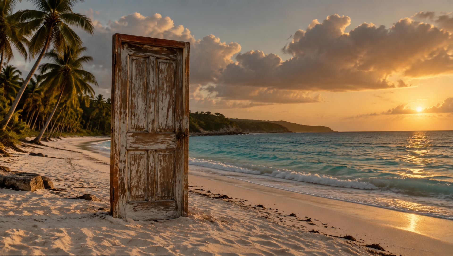 Una puerta plantada en una playa remota